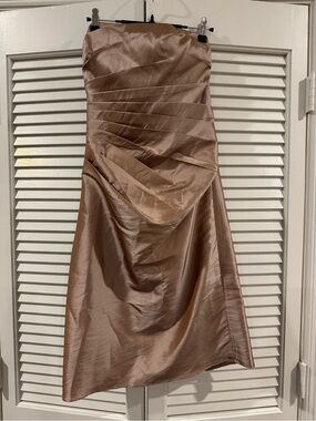 Bill Levkoff Strapless Shimmering Taupe Satin Dress